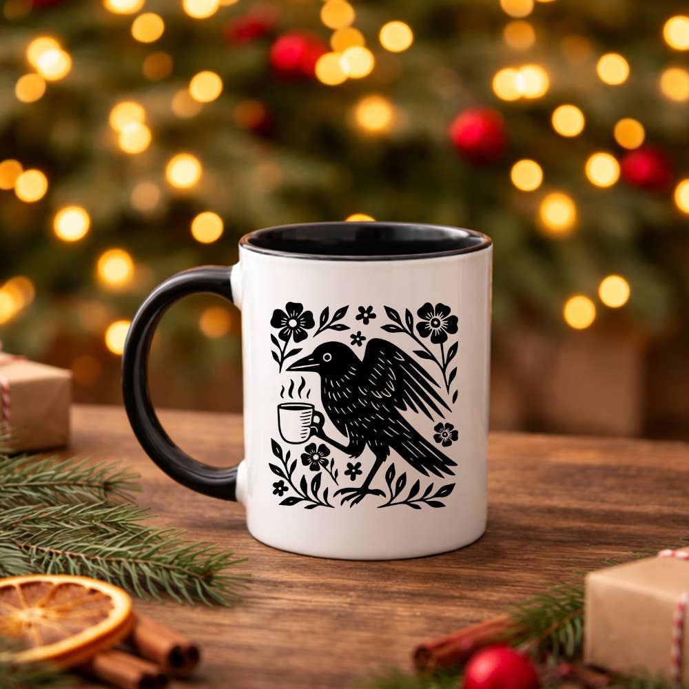 Crow Folk Art Black Handle Mug